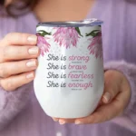 12oz Stainless Steel Coffee Mug with Lid - "She Is Strong" Print Design - Ideal gift.