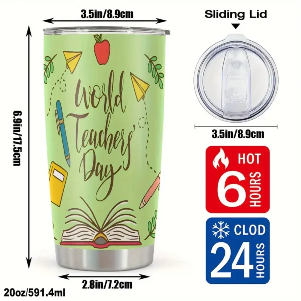 20oz Stainless Steel Tumbler Double Wall Insulated with "World Teacher's Day" Design- a Perfect Gift.