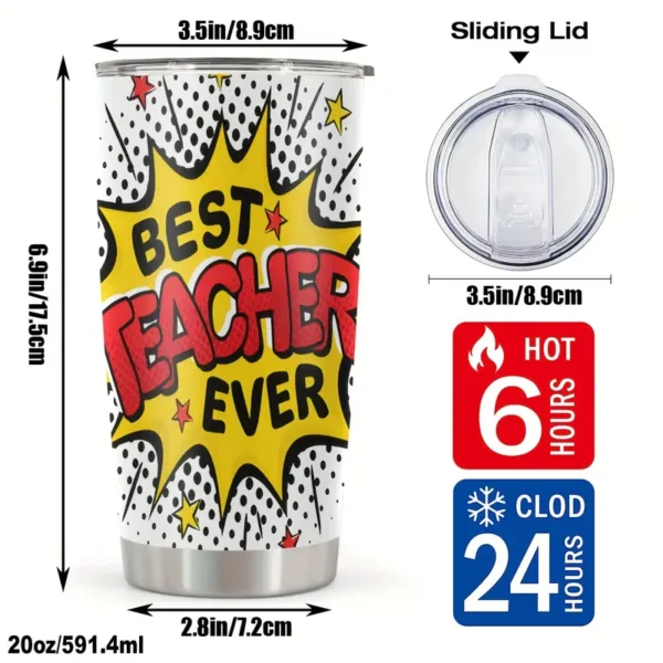 20oz Stainless Steel Tumbler Double Wall Insulated with Best Teacher Ever Design - a Perfect Gift.